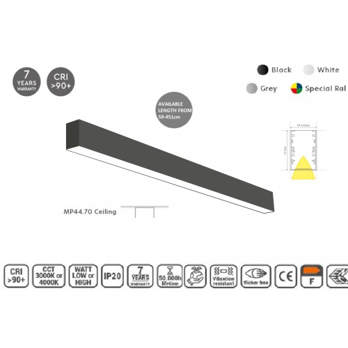 MP44.70C-367-S-3-O-OF-BL Linear Profile Lighting Ceiling 44.5x70mm 367cm